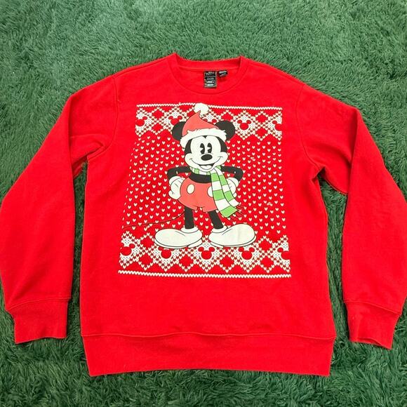 Disney Mickey Mouse Red Christmas Sweatshirt Santa Hat Holiday Sweater Large - Picture 1 of 6